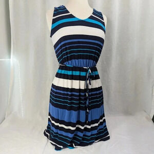 Merona striped, belted mid, tank sun dress, blue, black, women's size Medium D9
